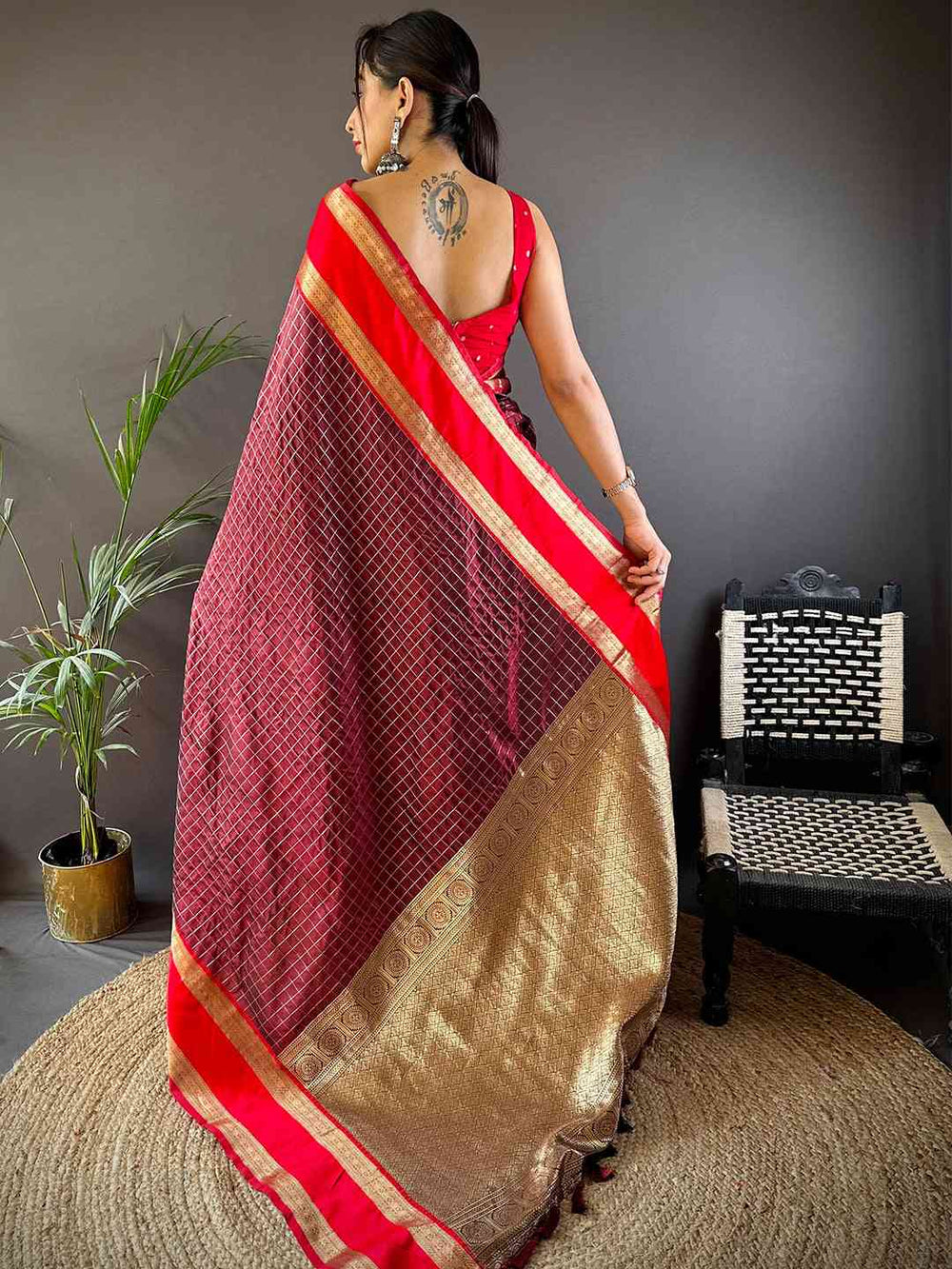 Maroon & Red Banarasi Silk Saree with Golden Zari Weaving