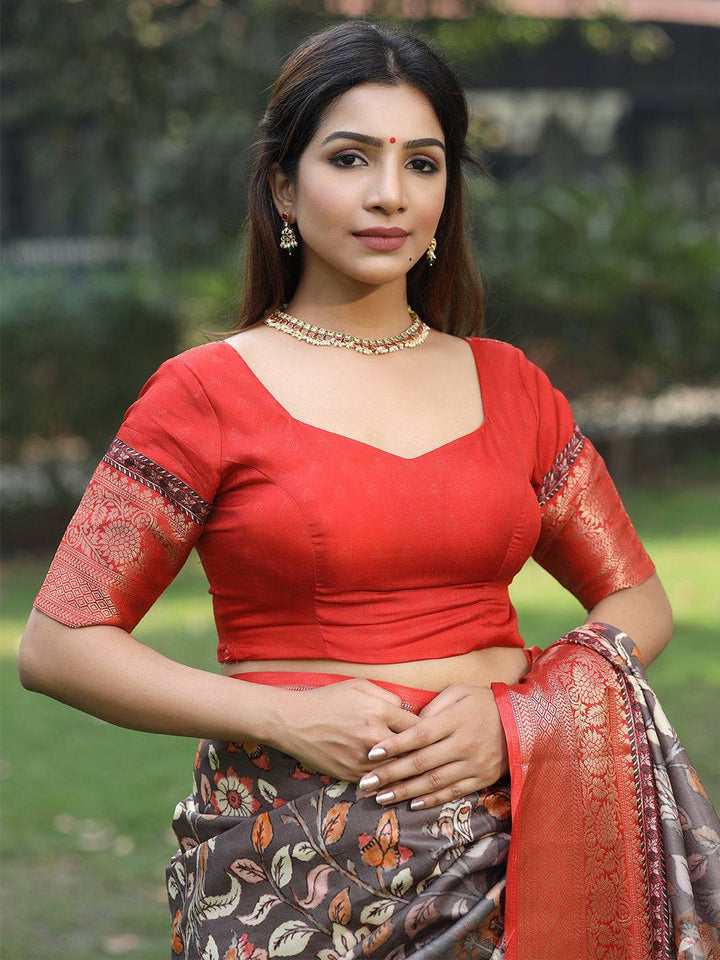 Red Banarasi Silk Saree with Artistic Print & Gold Zari Border