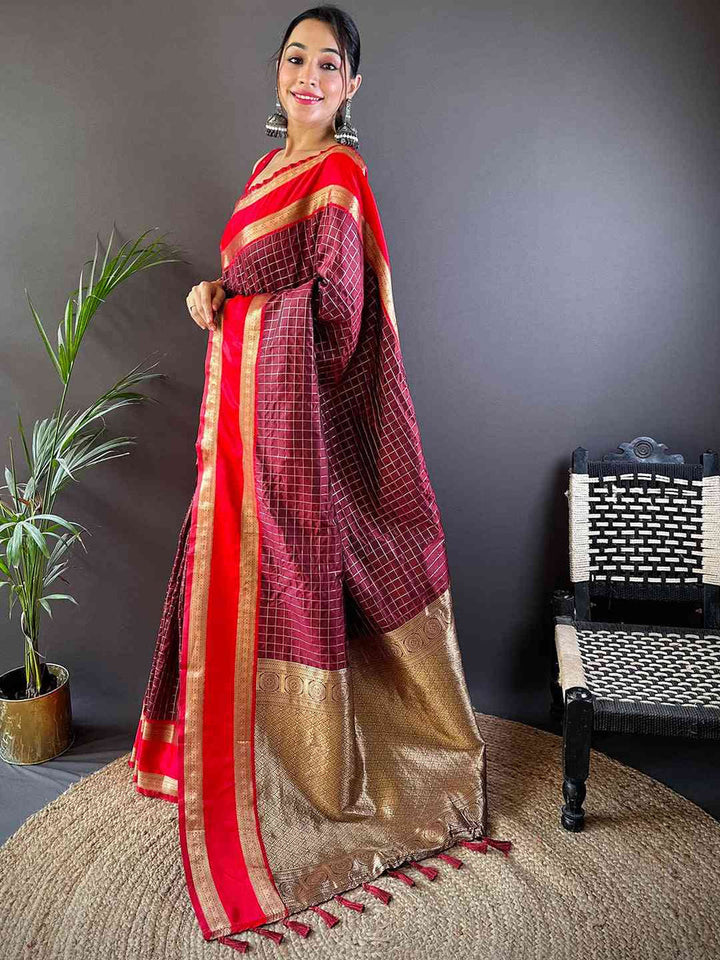 Maroon & Red Banarasi Silk Saree with Golden Zari Weaving