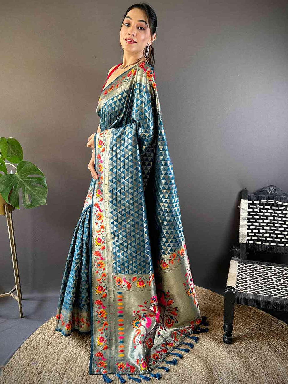 Teal Blue Banarasi Silk Saree with Geometric Weaving & Multicolor Floral Zari Border