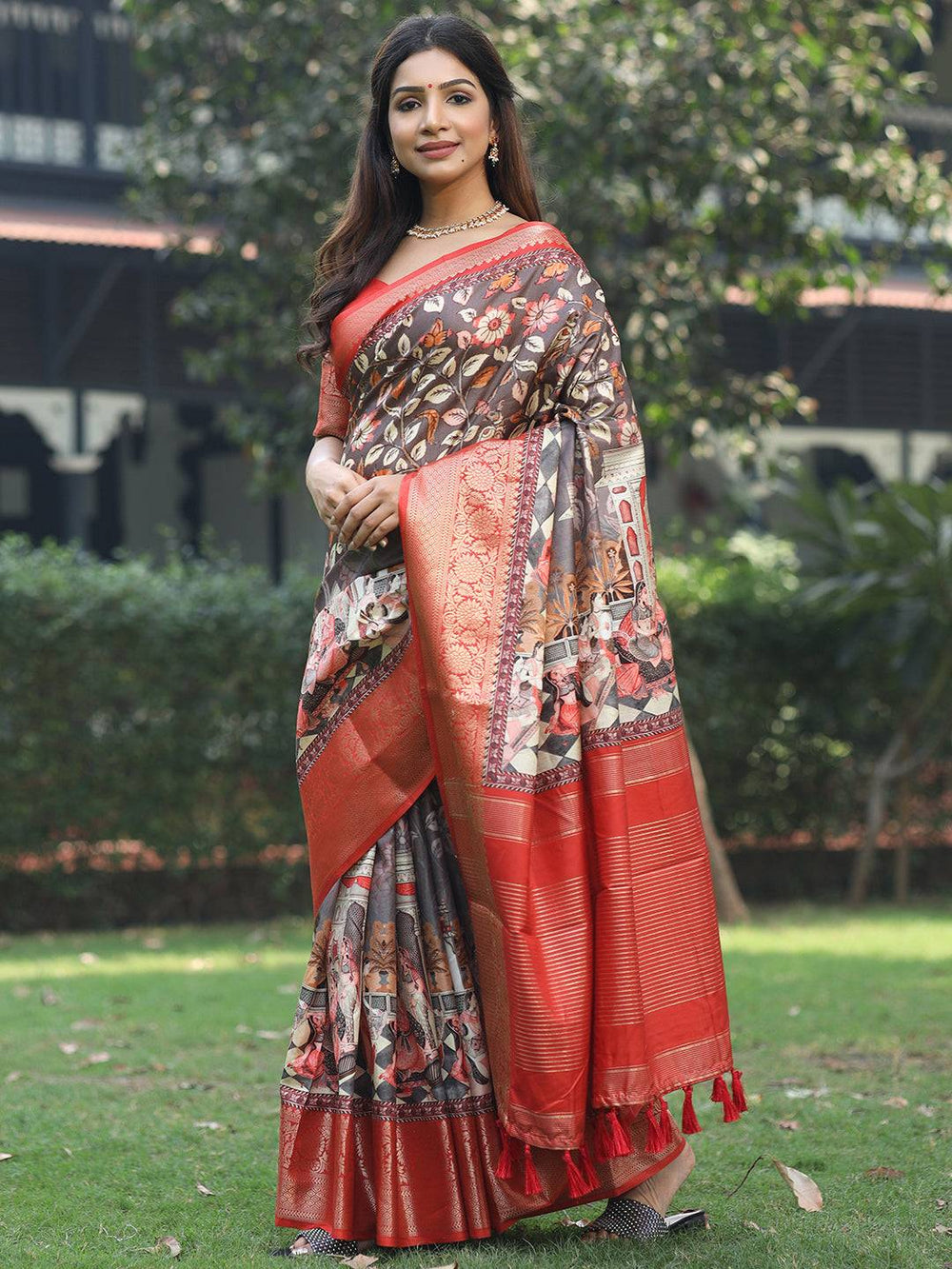 Red Banarasi Silk Saree with Artistic Print & Gold Zari Border