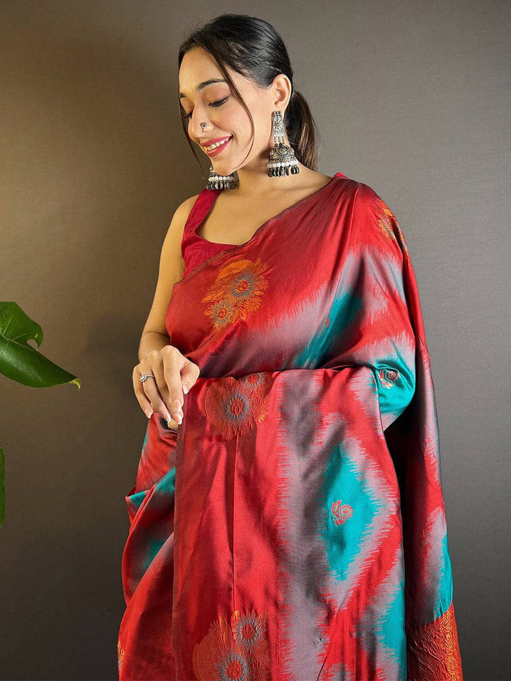 Red & Teal Banarasi Silk Saree with Ikat Print and Rich Copper Zari Pallu