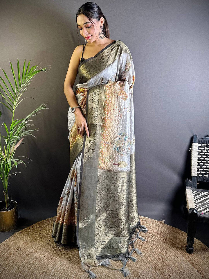 Grey & Silver Banarasi Silk Saree with Intricate Zari Border and Subtle Floral Print