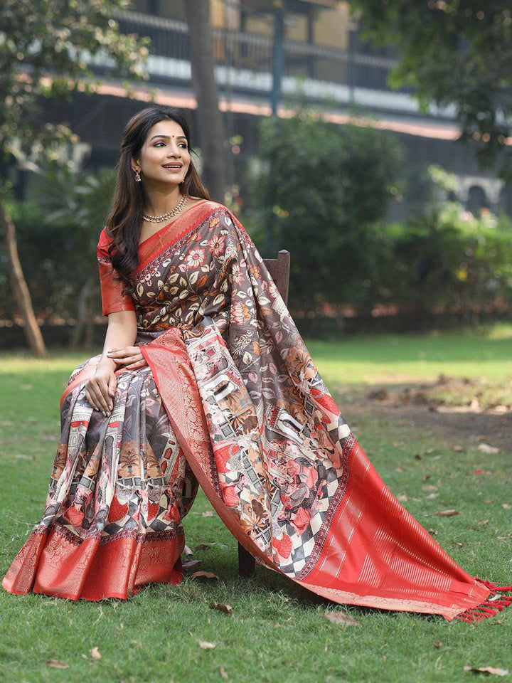 Red Banarasi Silk Saree with Artistic Print & Gold Zari Border