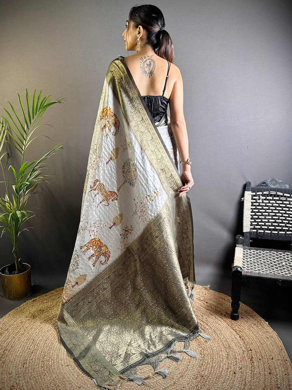 Grey & Silver Banarasi Silk Saree with Intricate Zari Border and Subtle Floral Print