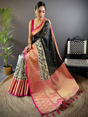 Black & Pink Soft Silk Saree with Gold Zari Border & Artistic Printed Pleats