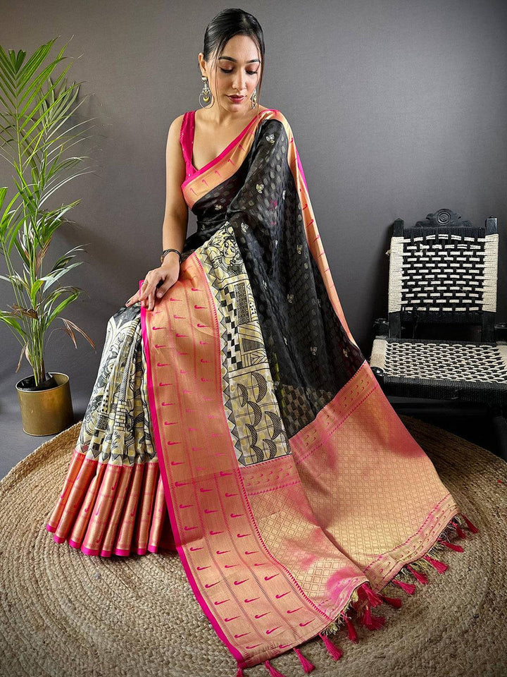 Black & Pink Soft Silk Saree with Gold Zari Border & Artistic Printed Pleats