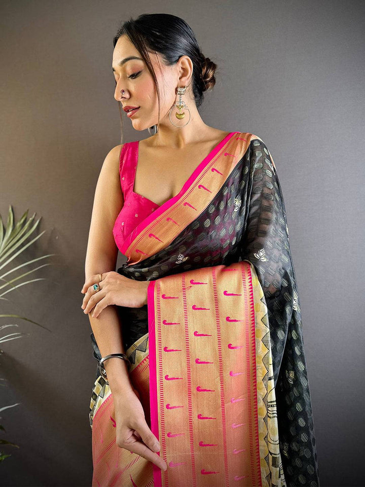 Black & Pink Soft Silk Saree with Gold Zari Border & Artistic Printed Pleats