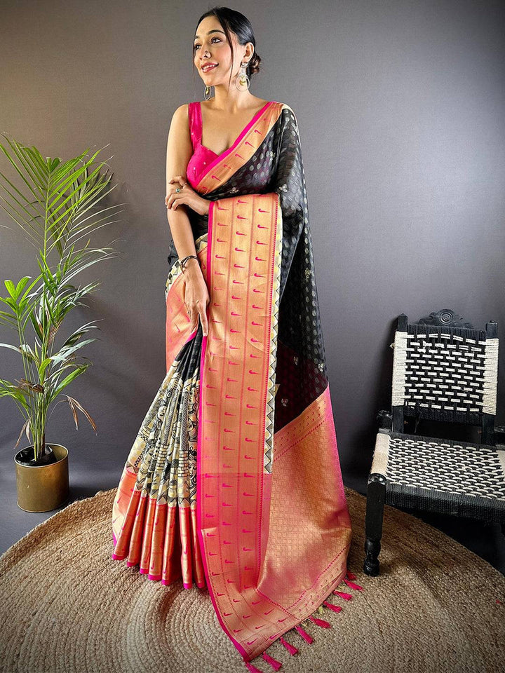 Black & Pink Soft Silk Saree with Gold Zari Border & Artistic Printed Pleats