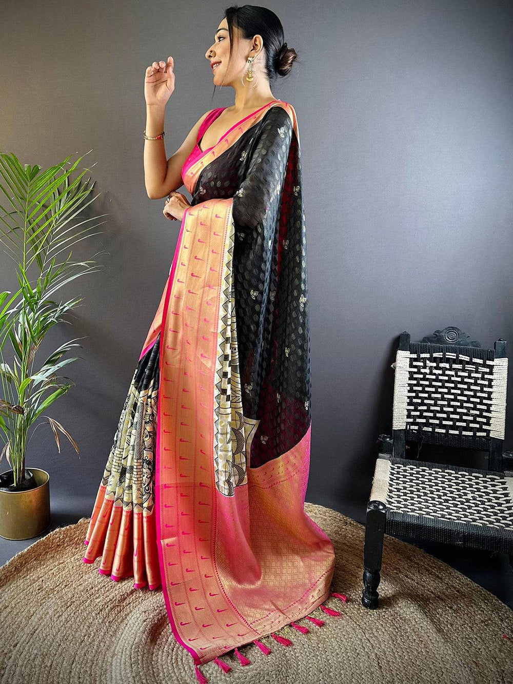 Black & Pink Soft Silk Saree with Gold Zari Border & Artistic Printed Pleats