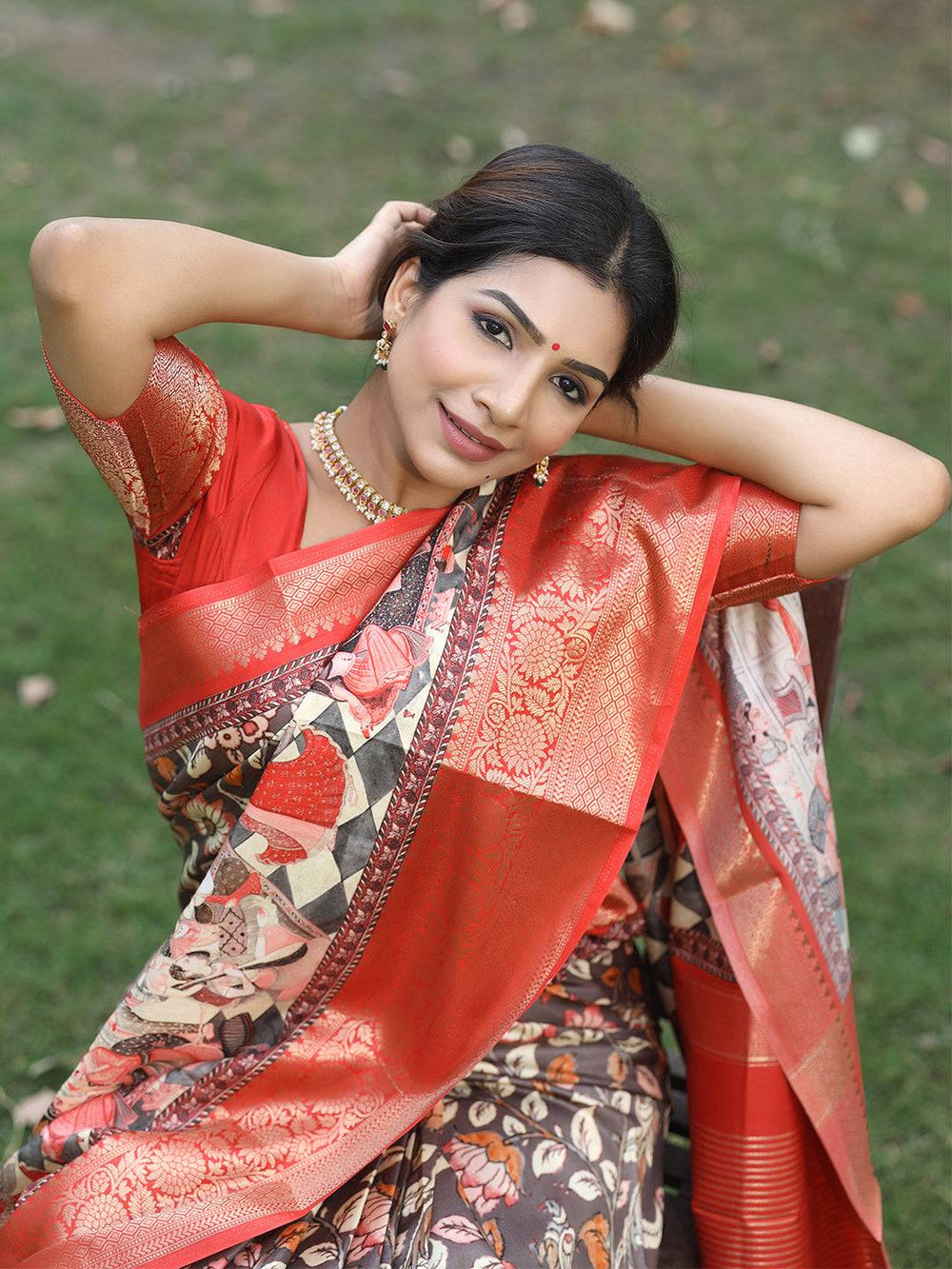 Red Banarasi Silk Saree with Artistic Print & Gold Zari Border