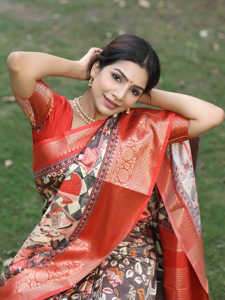 Red Banarasi Silk Saree with Artistic Print & Gold Zari Border