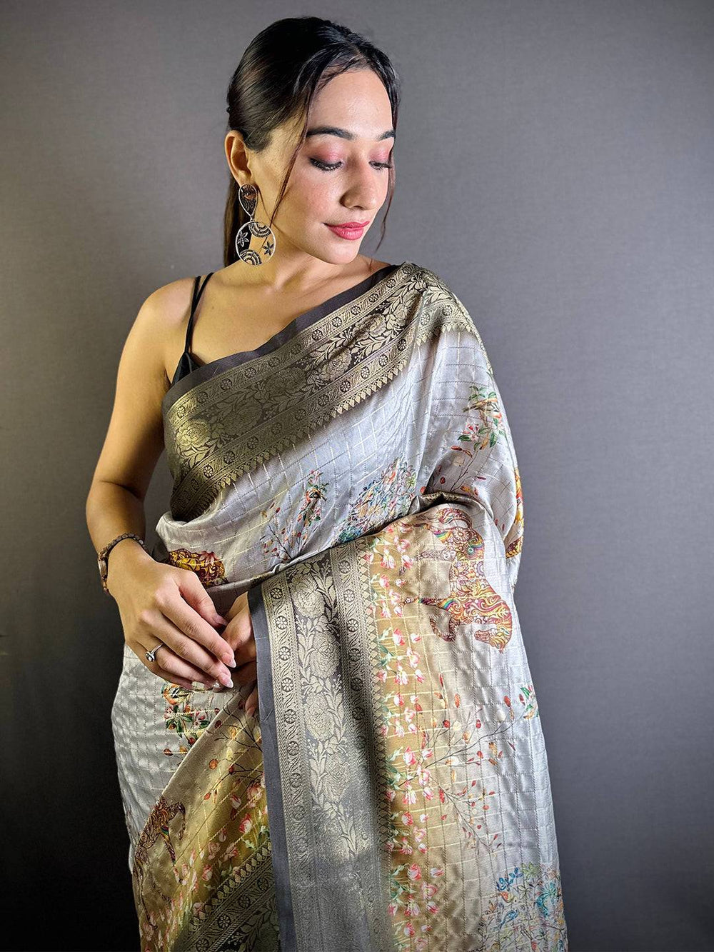 Grey & Silver Banarasi Silk Saree with Intricate Zari Border and Subtle Floral Print