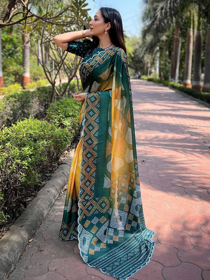 Green & Yellow Bandhani Print Saree with Traditional Motifs