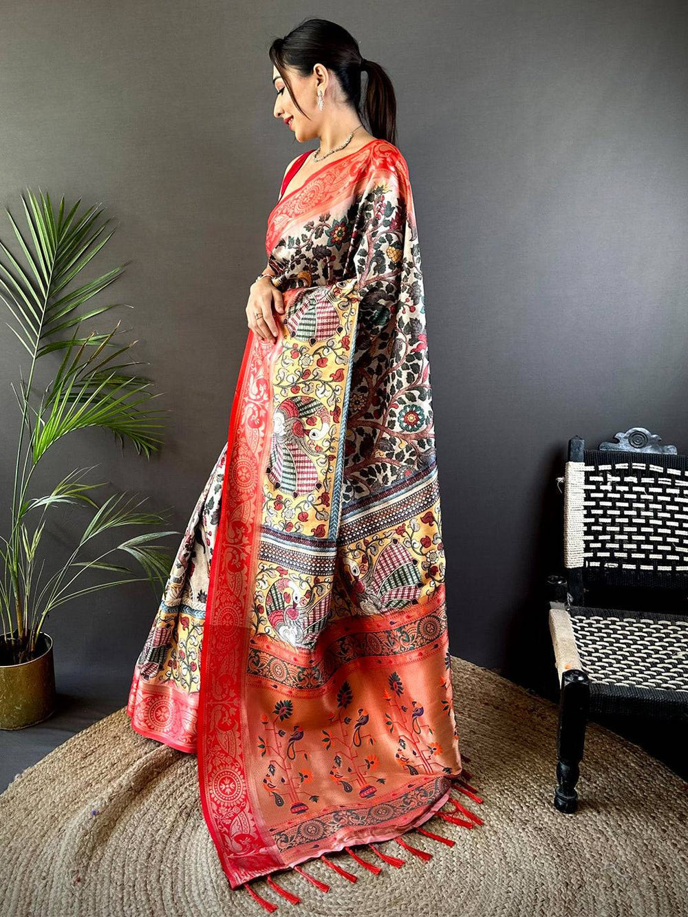 Red & Multicolor Madhubani Printed Silk Saree with Designer Zari Pallu