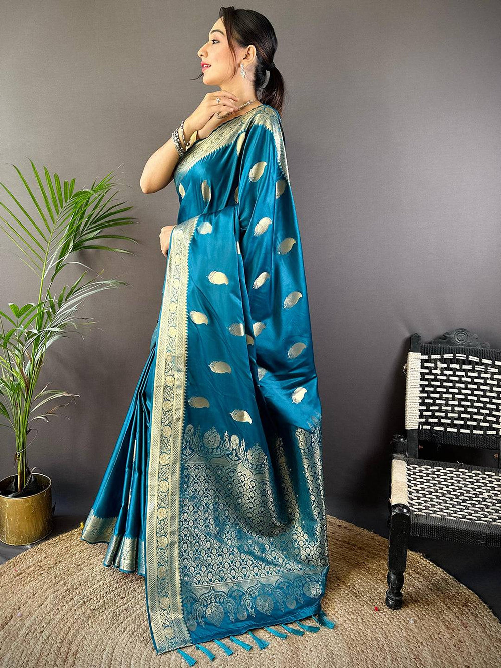 Teal Blue Banarasi Silk Saree with Golden Zari Weaving & Rich Pallu