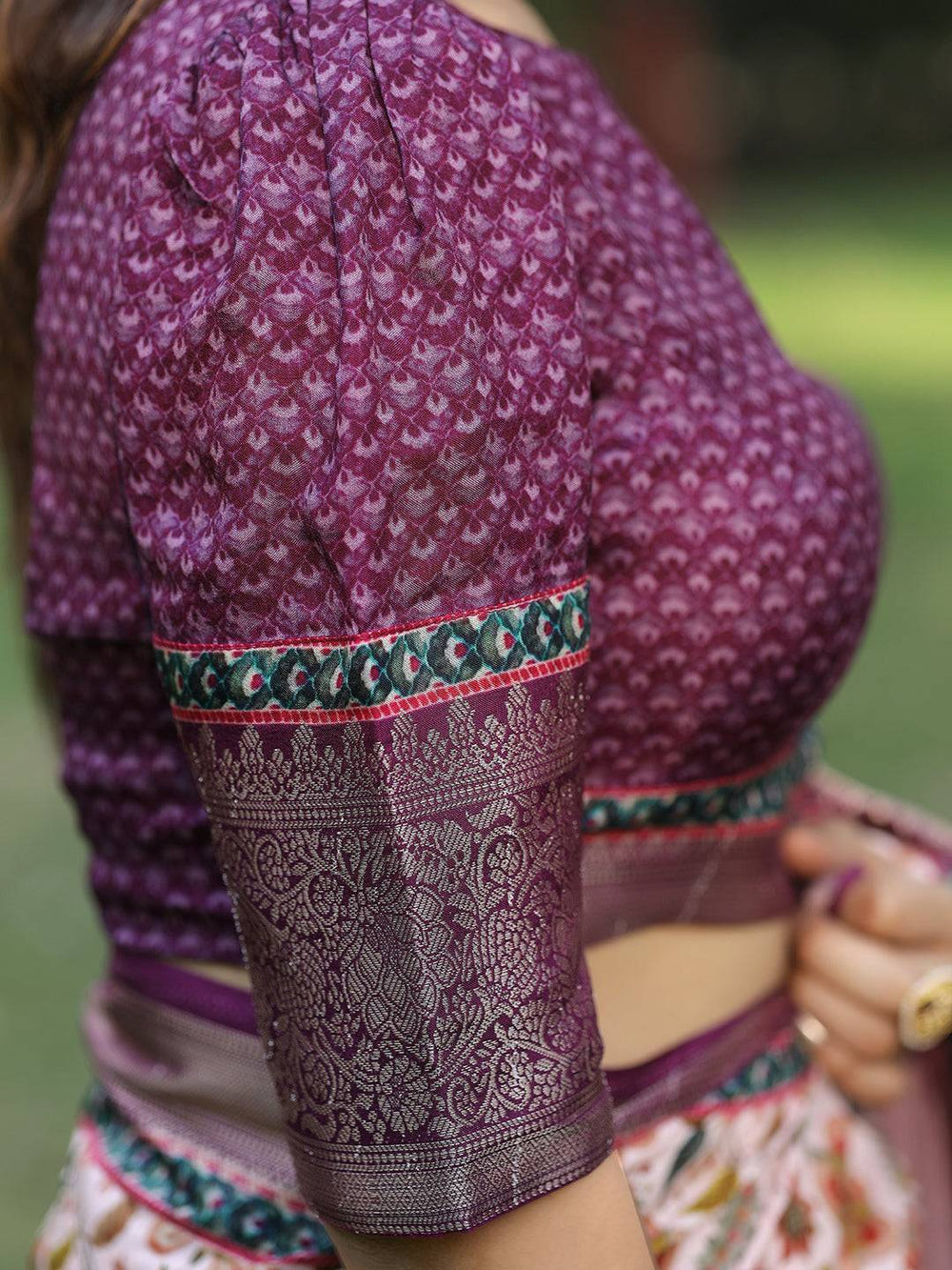 Cream Floral Print Saree with Purple Zari Border