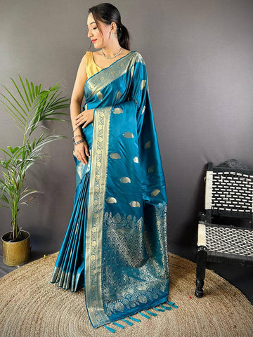 Teal Blue Banarasi Silk Saree with Golden Zari Weaving & Rich Pallu