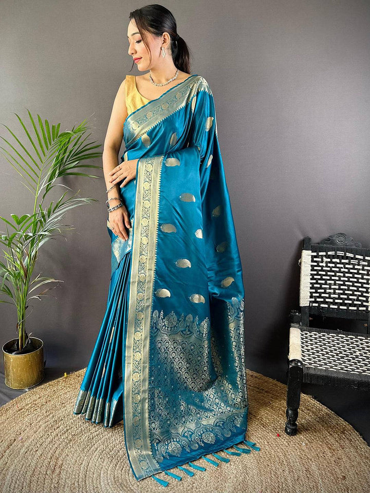 Teal Blue Banarasi Silk Saree with Golden Zari Weaving & Rich Pallu