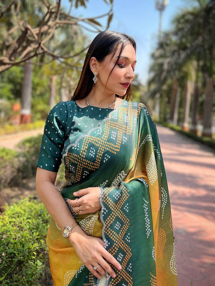 Green & Yellow Bandhani Print Saree with Traditional Motifs