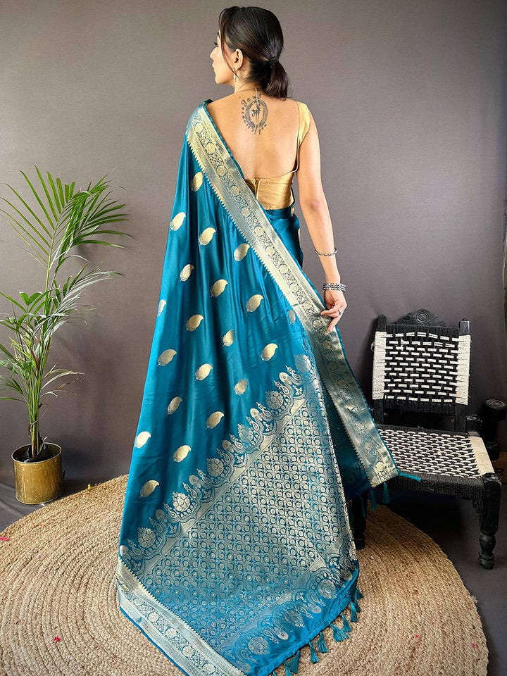 Teal Blue Banarasi Silk Saree with Golden Zari Weaving & Rich Pallu