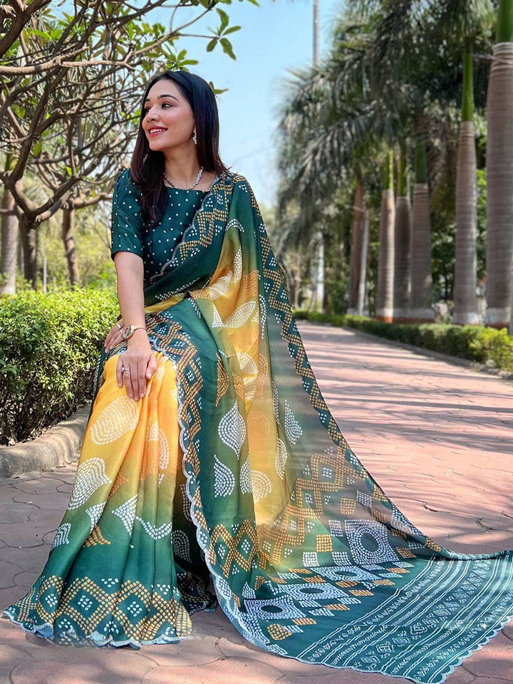 Green & Yellow Bandhani Print Saree with Traditional Motifs