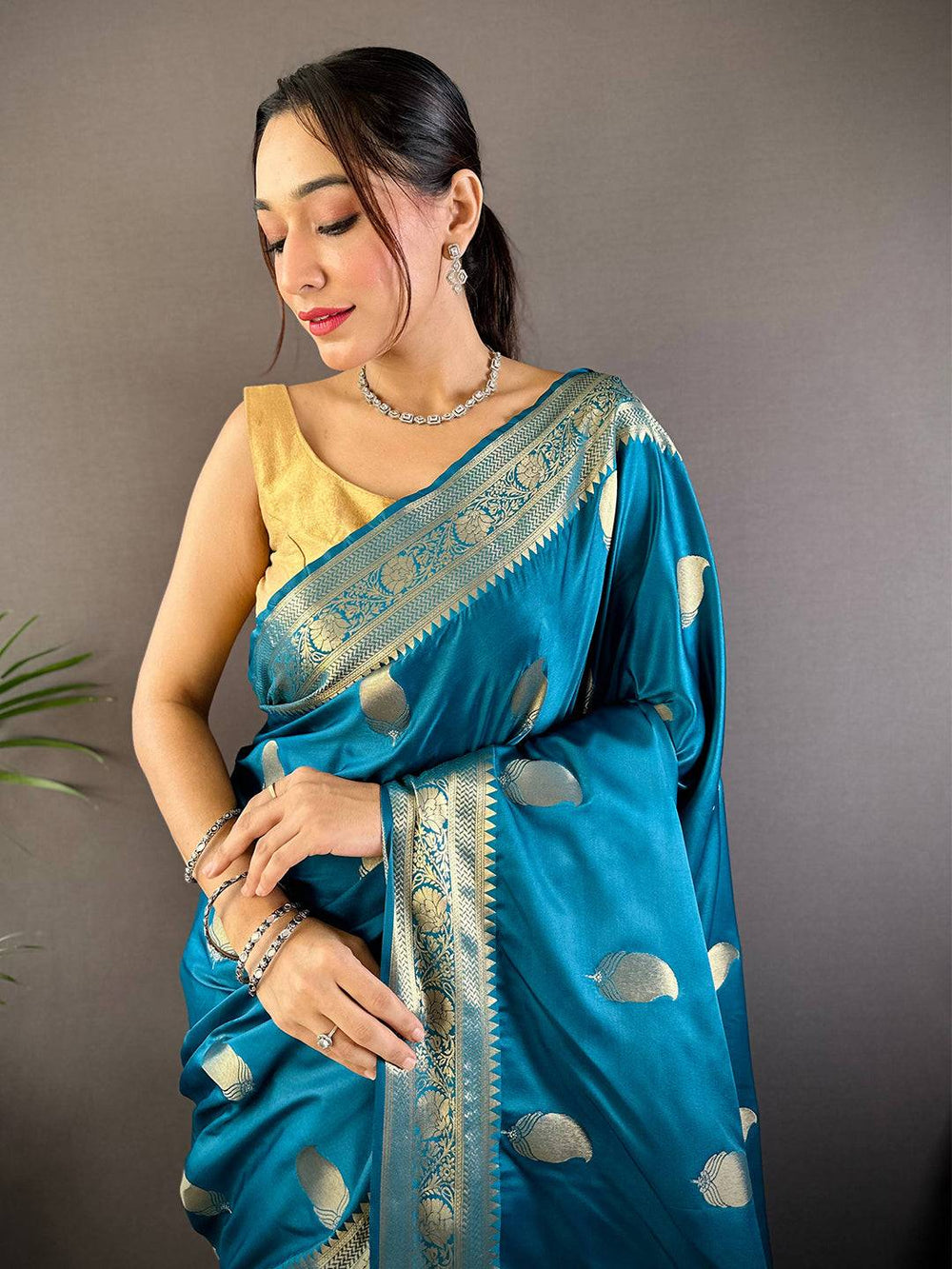 Teal Blue Banarasi Silk Saree with Golden Zari Weaving & Rich Pallu