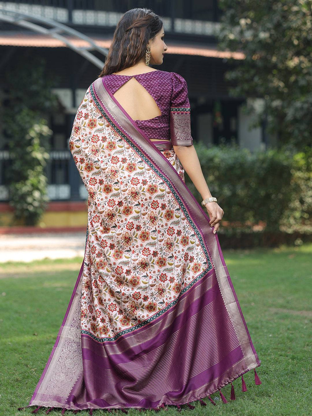 Cream Floral Print Saree with Purple Zari Border