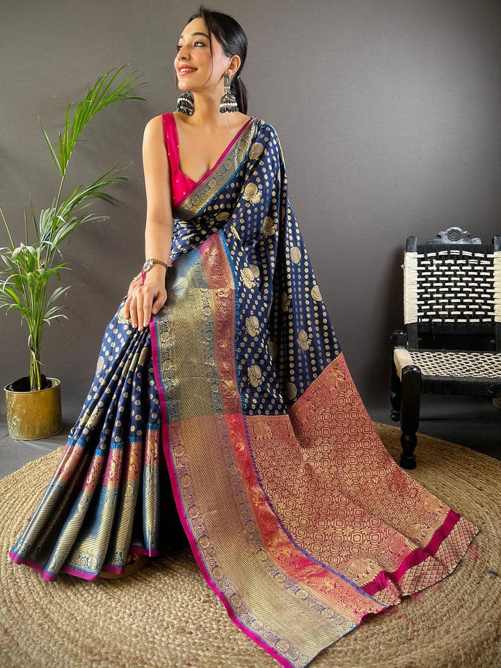 Navy Blue Banarasi Silk Saree with Golden Zari Weaving & Multicolor Rich Pallu