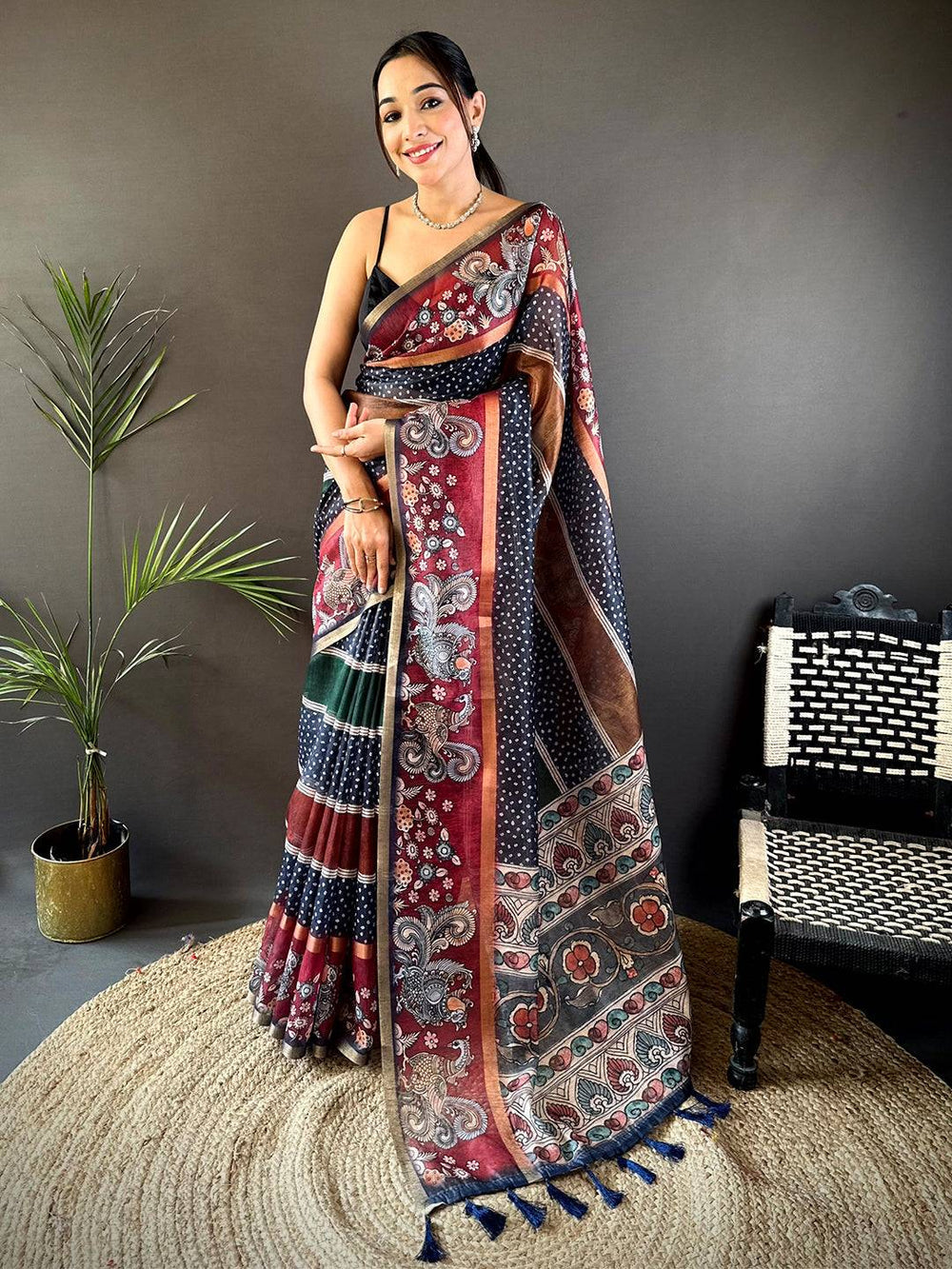 Multicolor Soft Silk Saree with Ajrakh & Paisley Print