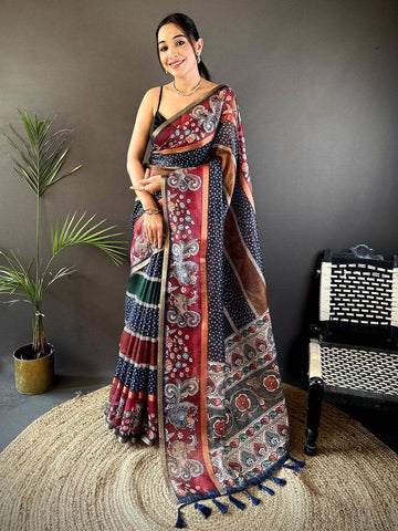 Multicolor Soft Silk Saree with Ajrakh & Paisley Print