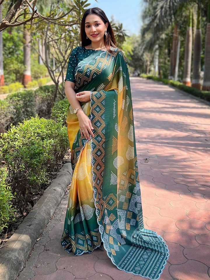 Green & Yellow Bandhani Print Saree with Traditional Motifs