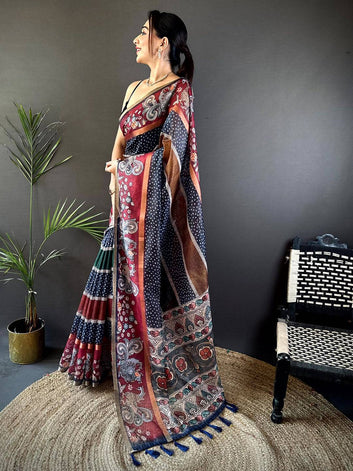 Multicolor Soft Silk Saree with Ajrakh & Paisley Print