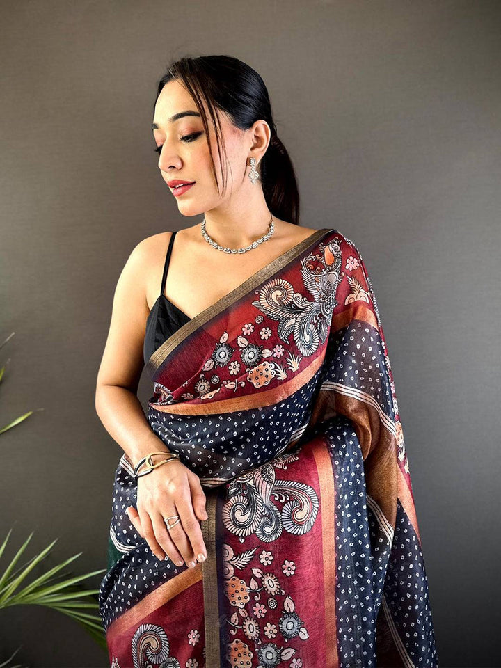 Multicolor Soft Silk Saree with Ajrakh & Paisley Print