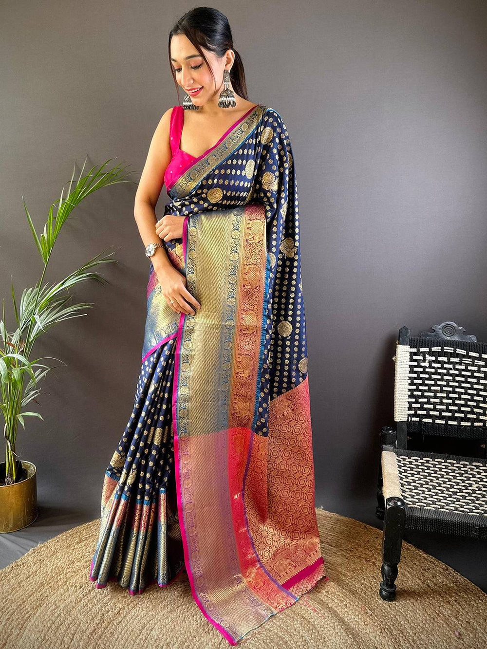 Navy Blue Banarasi Silk Saree with Golden Zari Weaving & Multicolor Rich Pallu