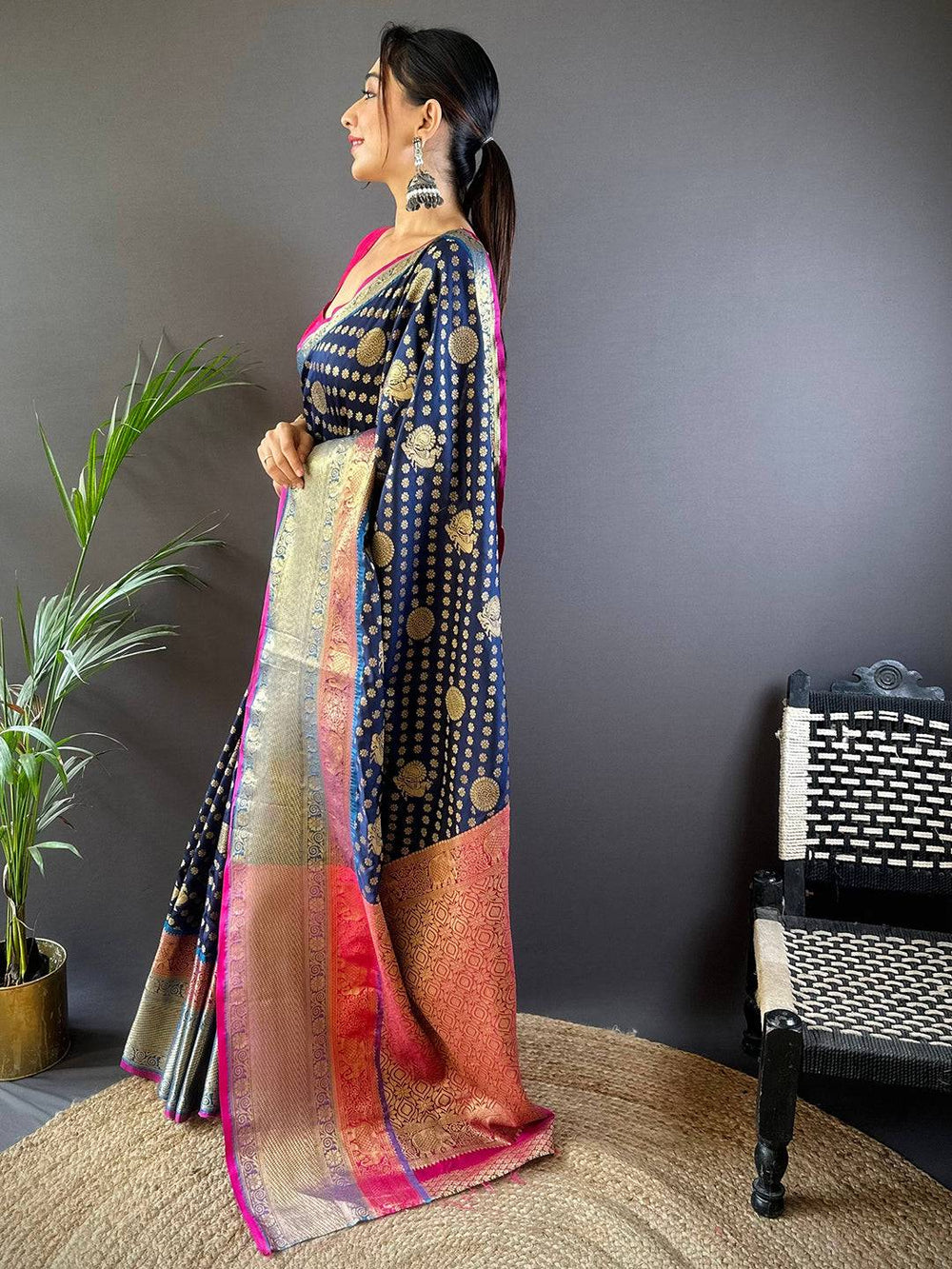 Navy Blue Banarasi Silk Saree with Golden Zari Weaving & Multicolor Rich Pallu