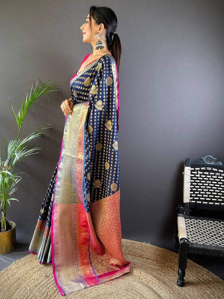 Navy Blue Banarasi Silk Saree with Golden Zari Weaving & Multicolor Rich Pallu