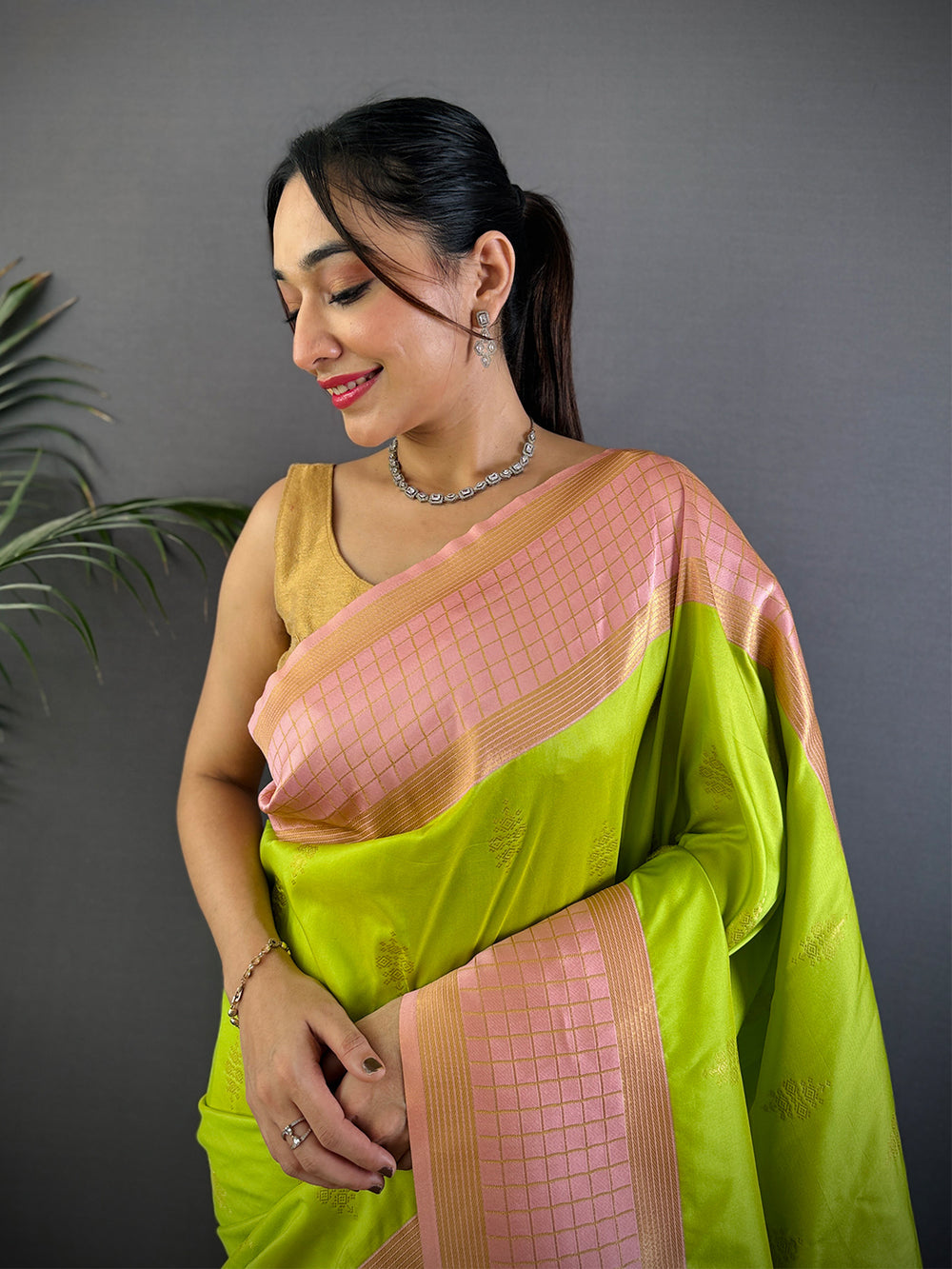 Lime Green Banarasi Soft Silk Saree with Peach Zari Border & Rich Woven Pallu