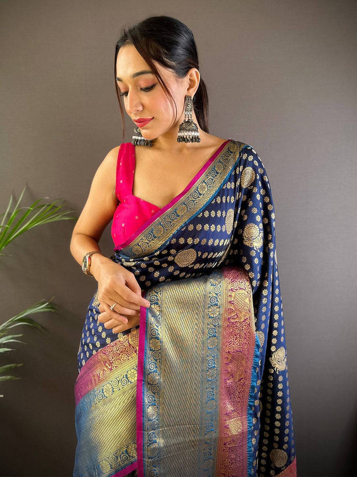 Navy Blue Banarasi Silk Saree with Golden Zari Weaving & Multicolor Rich Pallu