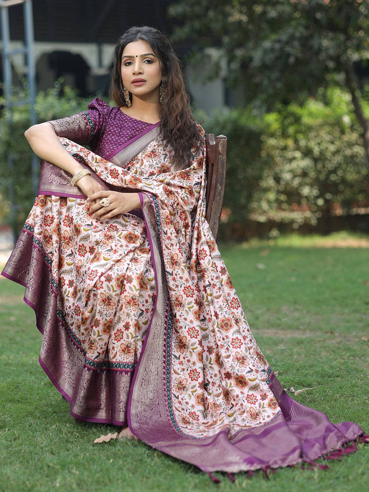 Cream Floral Print Saree with Purple Zari Border