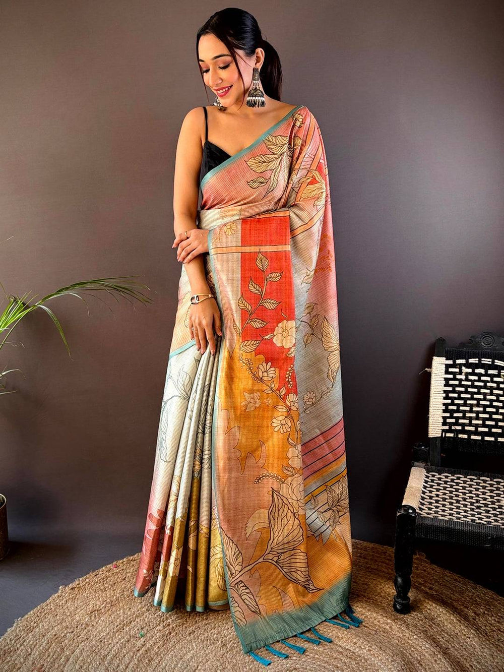 Multicolor Linen Silk Saree with Abstract Floral Print & Soft Textured Fabric