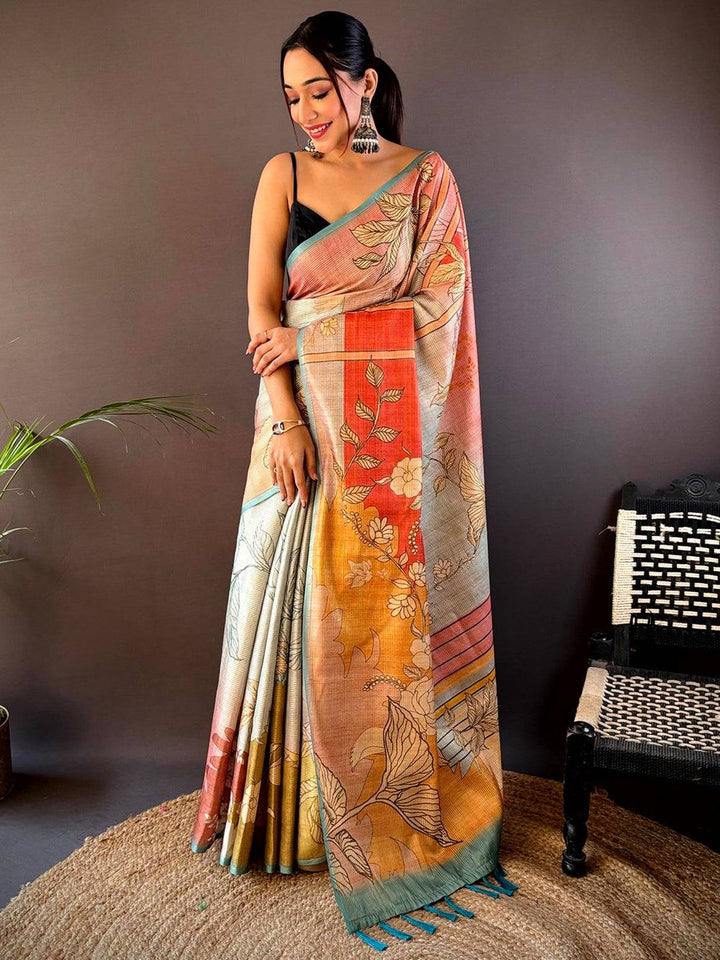 Multicolor Linen Silk Saree with Abstract Floral Print & Soft Textured Fabric