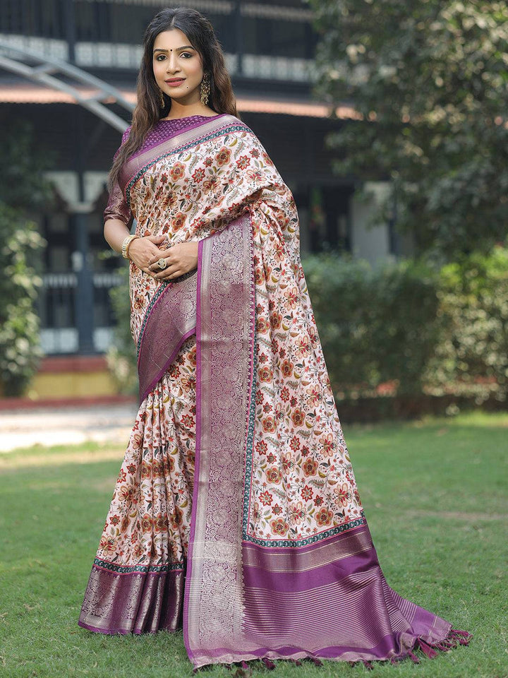 Cream Floral Print Saree with Purple Zari Border