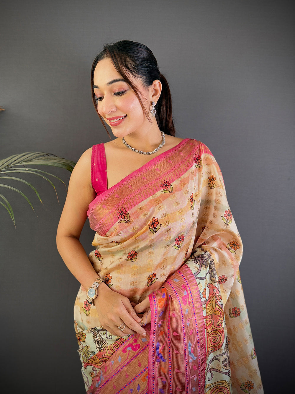 Beige Linen Silk Saree with Multicolor Kalamkari Print & Pink Zari Border
