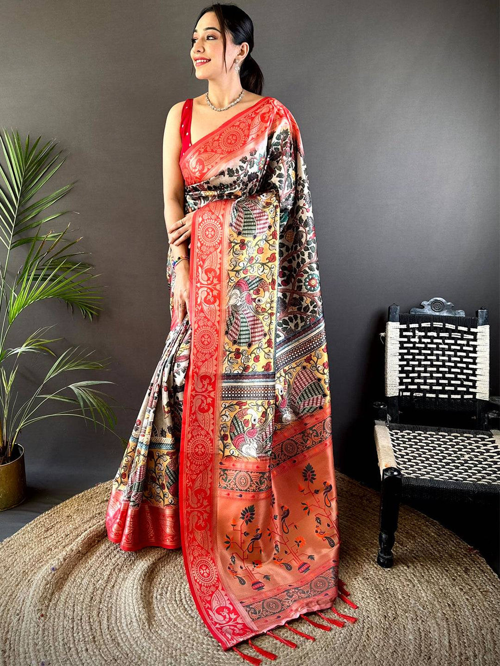 Red & Multicolor Madhubani Printed Silk Saree with Designer Zari Pallu