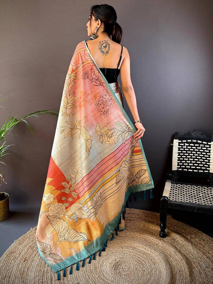 Multicolor Linen Silk Saree with Abstract Floral Print & Soft Textured Fabric