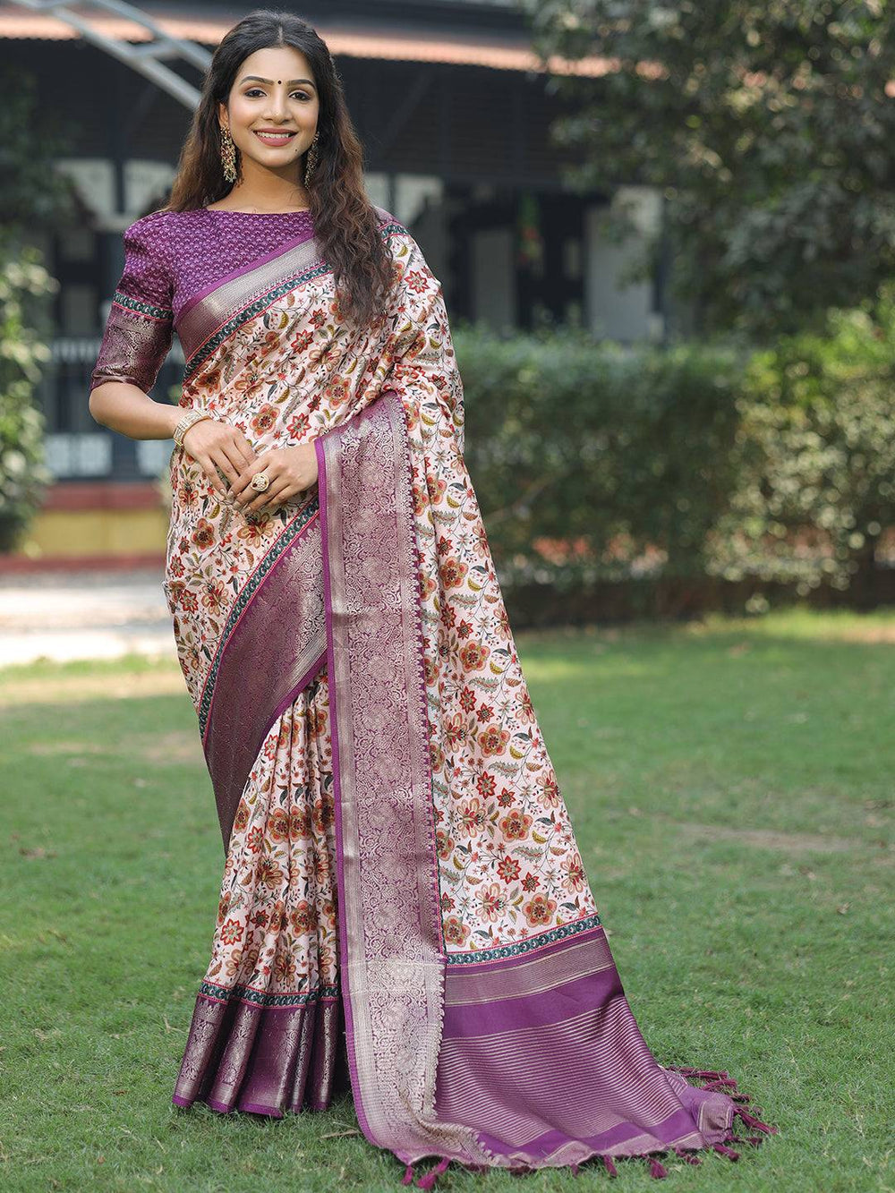Cream Floral Print Saree with Purple Zari Border