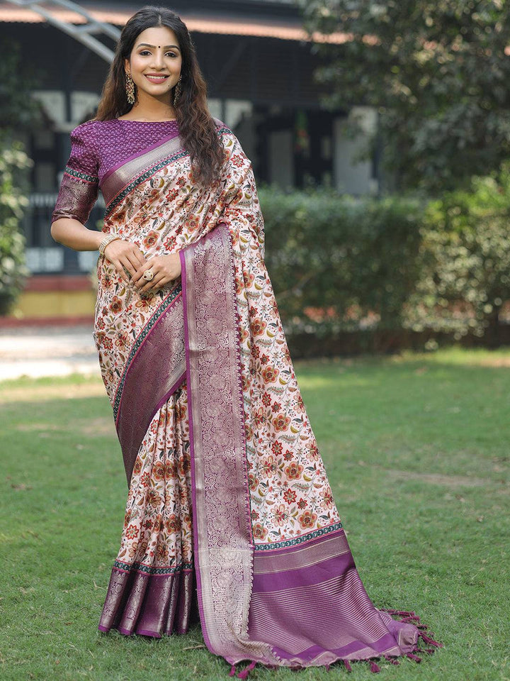 Cream Floral Print Saree with Purple Zari Border