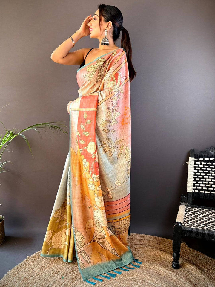 Multicolor Linen Silk Saree with Abstract Floral Print & Soft Textured Fabric