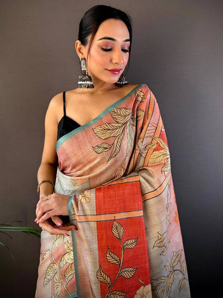 Multicolor Linen Silk Saree with Abstract Floral Print & Soft Textured Fabric